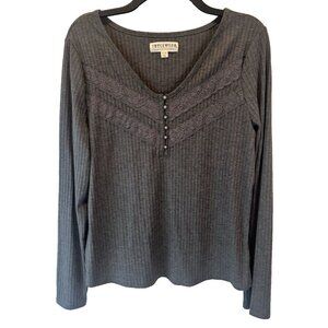 Idyllwind Womens Gray Pearl Button Ribbed Knit Lace Henley Top XL Dark Coquette